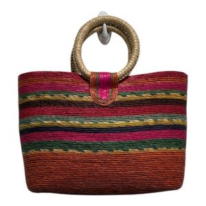 Boho Woven Straw Tote | Serape Stripe Market Bag | Round Handles